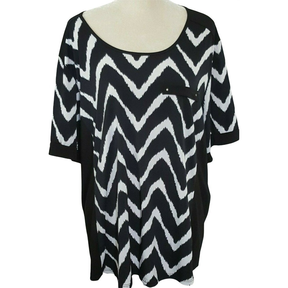 Claudia Richard Top Blouse Size 2X 3X Black  Chevron Print High Low Stretch